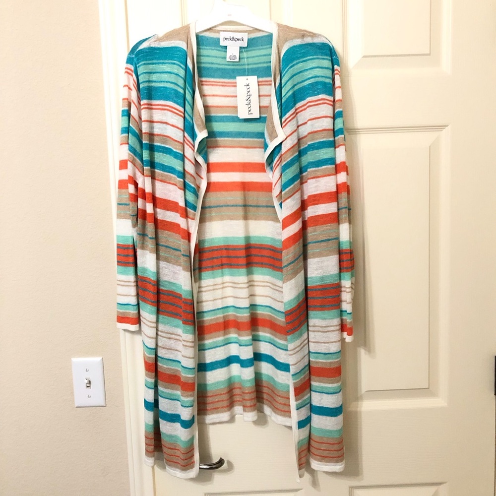 Peck & Peck Linen blend Teal,Aqua,White,Tan Fine Knit Open front cardigan